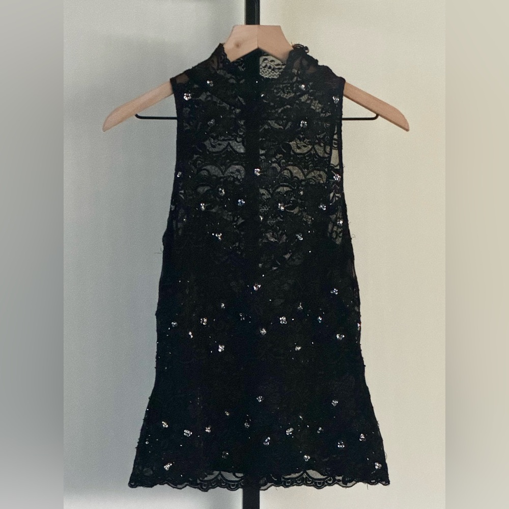 Vintage 90s Cache Mock Neck Lace Top Beaded Sequins